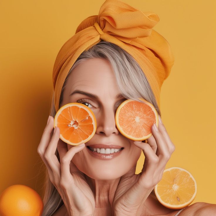 señora con naranjas en las manos poniendoselas modo gafa